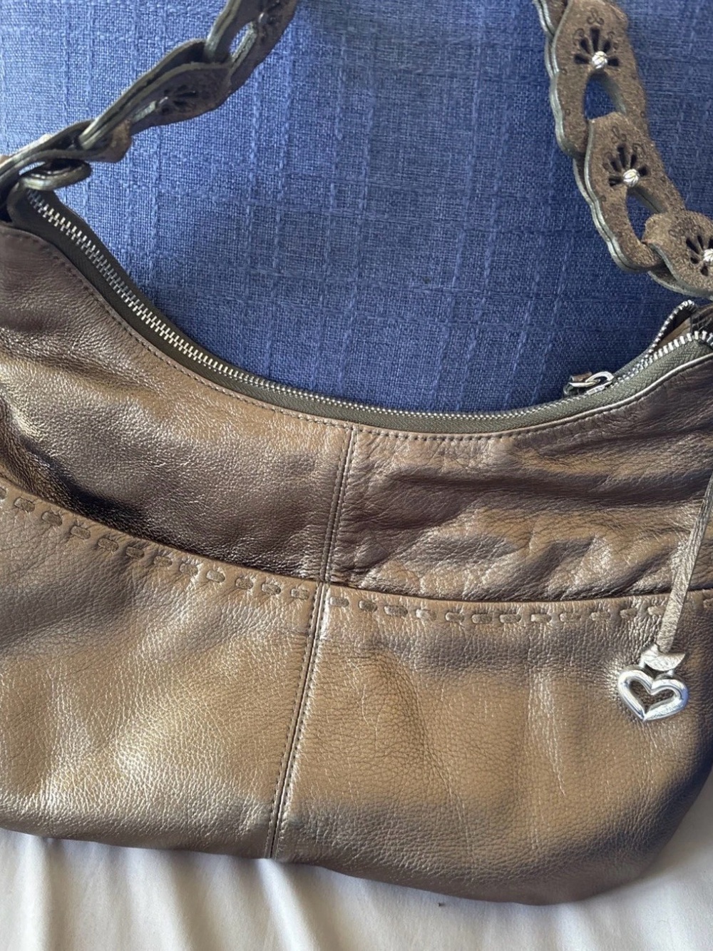 BRIGHTON KODIAK HOBO 4 Pocket Tote Bronze metallic Leather Fringed Heart Purse - Picture 4 of 15